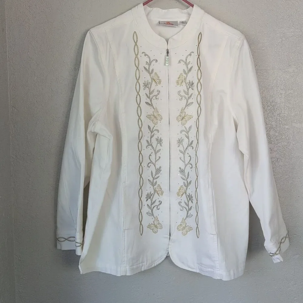 Embroidered Bead Denim Jacket XL White Gold Silver Butterfly Whimsy Boho Fairy